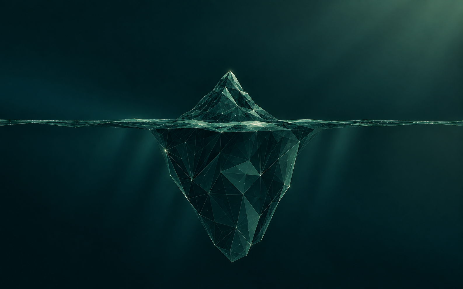Iceberg wireframe. The visible tip stands for the prompt and the response, the body below the waterline for identity, tool calls, tool results, arguments and evidence.